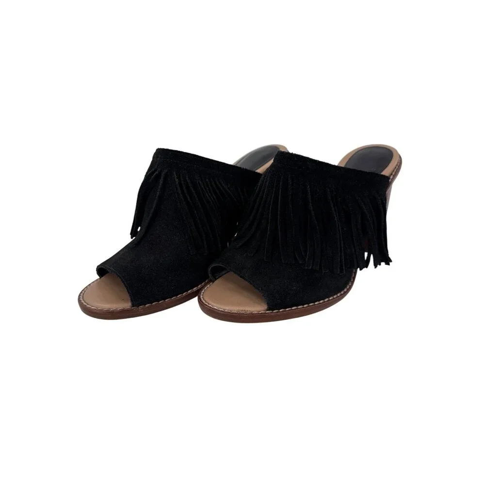 Gianni Bini Black Suede Fringe Block Heel Mules Size 8M Road‎ Tripz